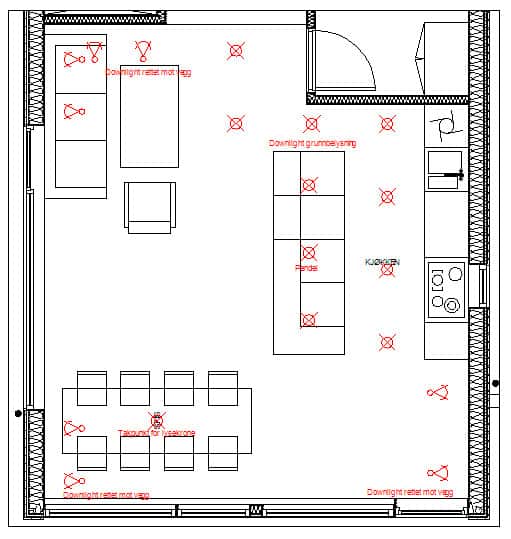 Belysningsplantegning av kjøkken