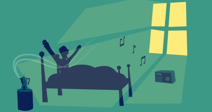 Illustrasjon av en mann som strekker seg i senga, med kaffen klar på nattbordet og radioen på